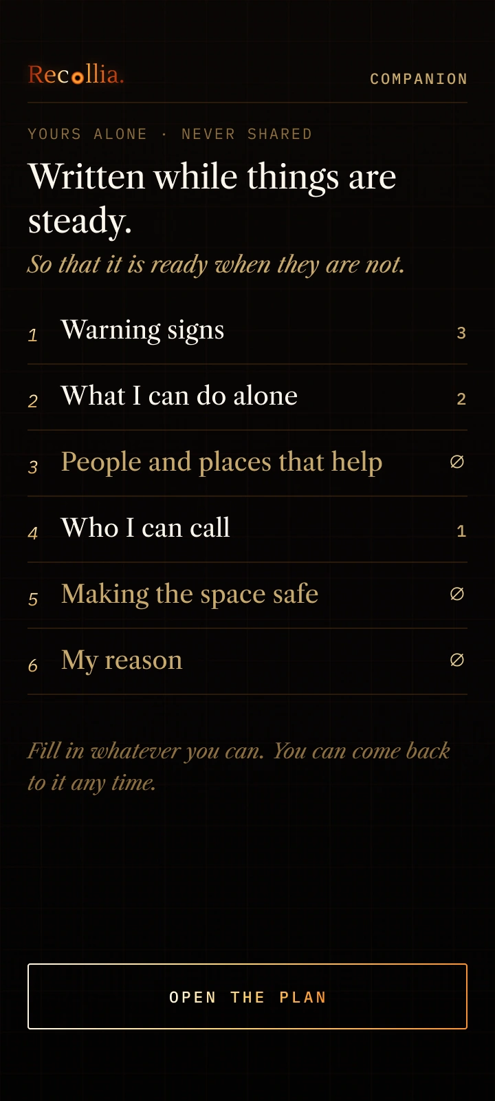A private safety plan with six sections including warning signs, what I can do alone, and who I can call