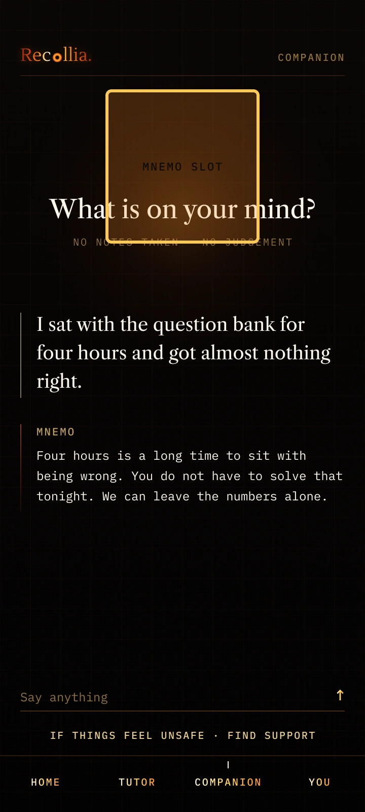 Recollia Companion asking what is on your mind, with a reply about sitting four hours with the question bank