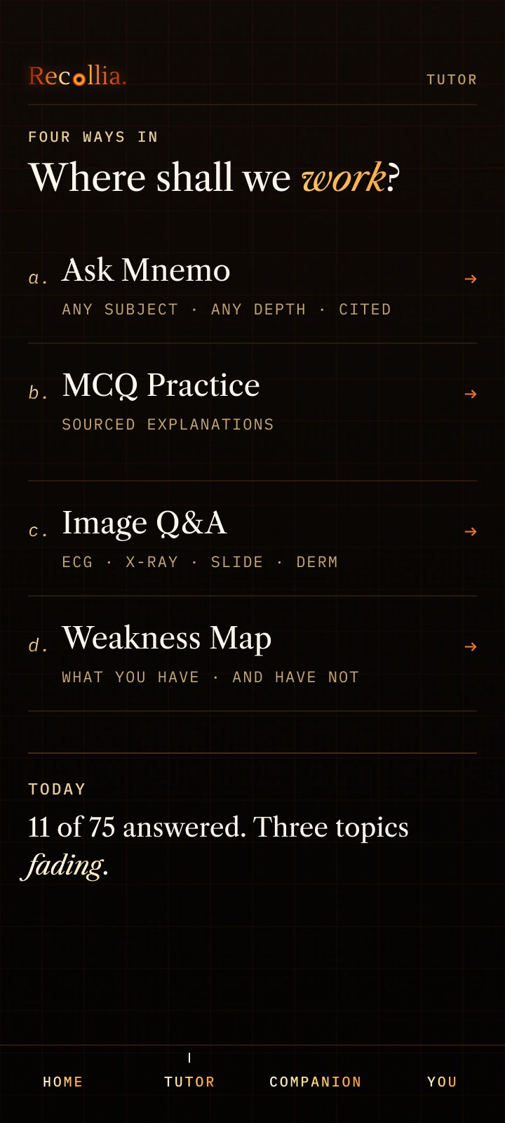 Recollia Tutor index listing four ways in — Ask Mnemo, MCQ Practice, Image Q&A and Weakness Map — above today's progress