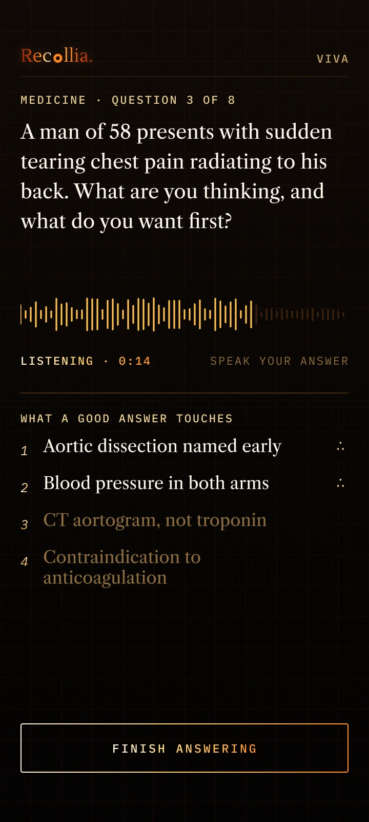 Viva mode listening to a spoken answer on sudden tearing chest pain, beside a checklist of what a good answer touches
